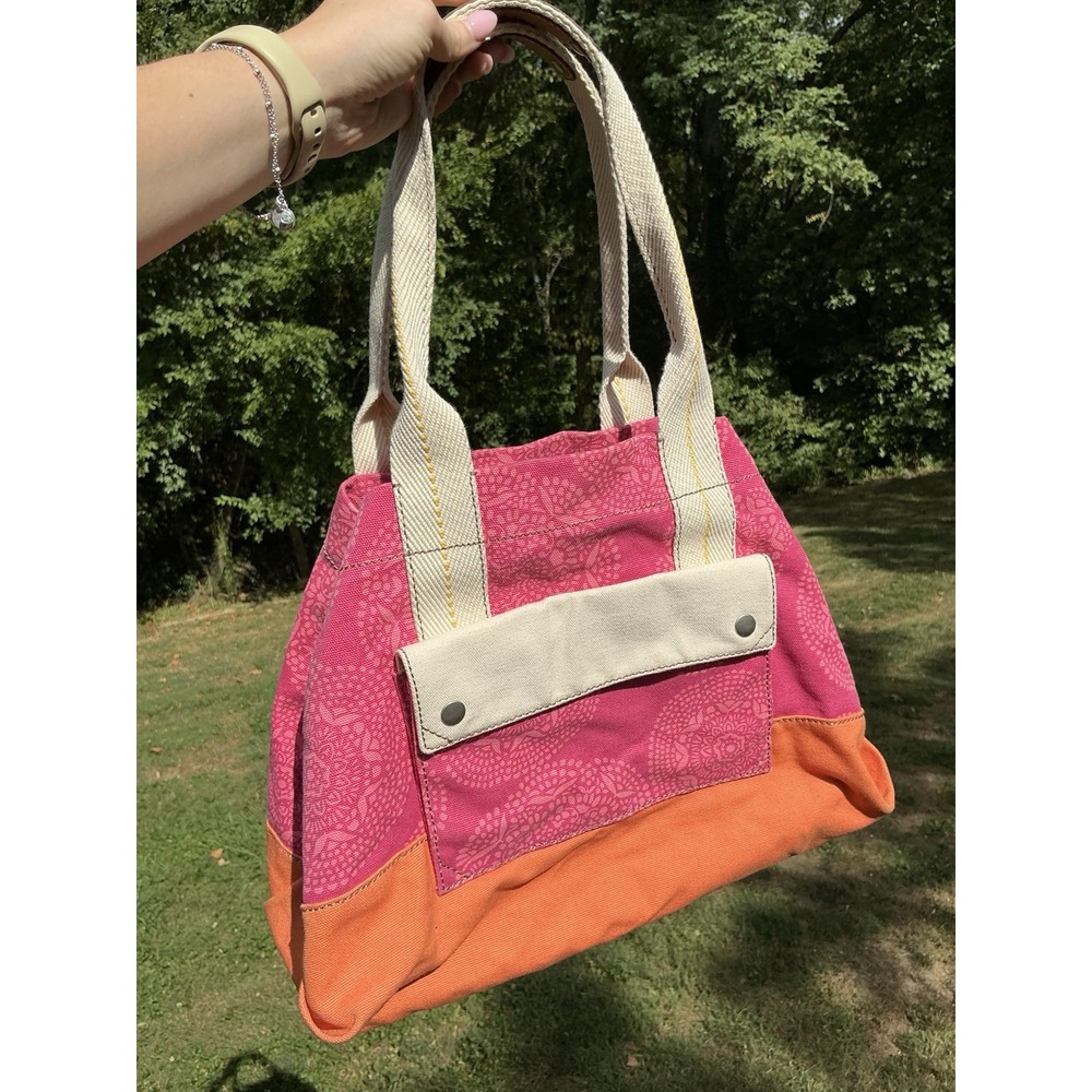 Fossil Canvas‎ Tote Bag Shoulder Purse Pink Orange Large Floral